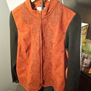 Coldwater Creek Orange and Black Embroidered Bomber Jacket